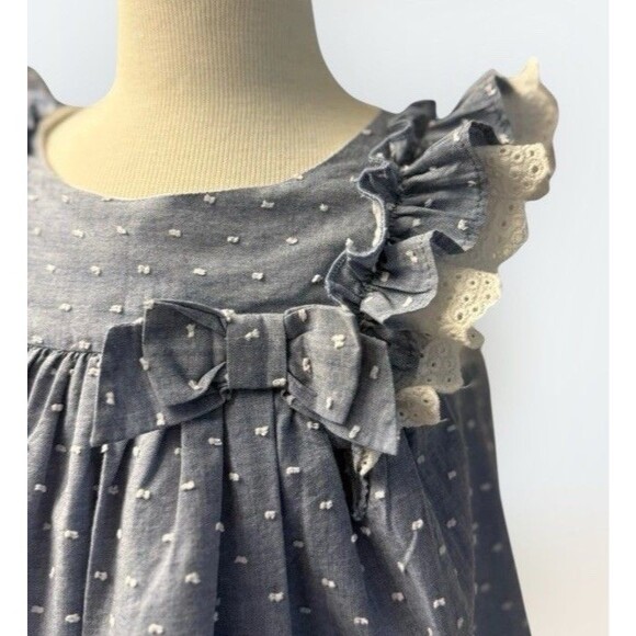 Blue Polka Dot Girls Dress Lace Trim Bow Ruffle Sleeves Classic VTG Inspired 4T - Picture 3 of 8